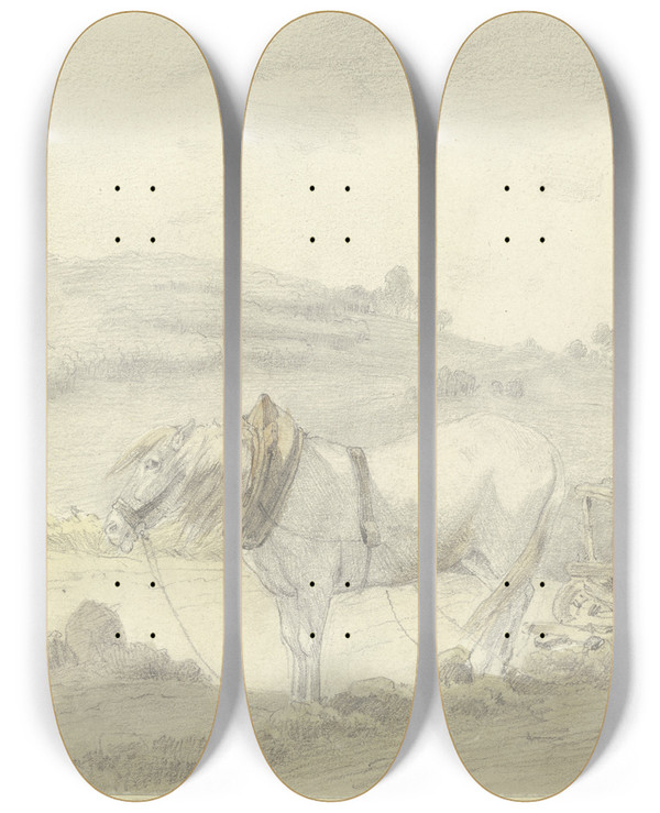 Triptych art skateboard deck of Friedrich Wilhelm Keyl Ein Ackerpferd Vor Dem Pflug by Friedrich Wilhelm Keyl (1823-1871)