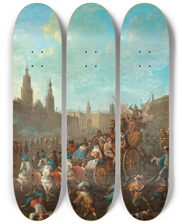 Triptych art skateboard deck of Arnold Frans Rubens Carnival In An Italianate Piazza by Arnold Frans Rubens (1687-1719)