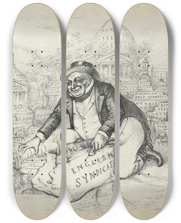 Triptych art skateboard deck of Thomas Nast English Syndicate Britishgold by Thomas Nast (1840-1902)