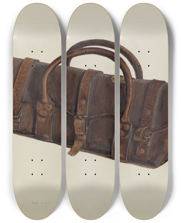 Triptych art skateboard deck of Ar Tolman Oregon Boot Satchel by A R Tolman