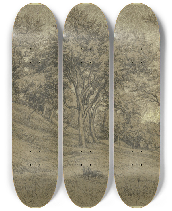 Triptych art skateboard deck of Peter Burnitz Garden With Fruit Trees by Peter Burnitz (1824-1886)
