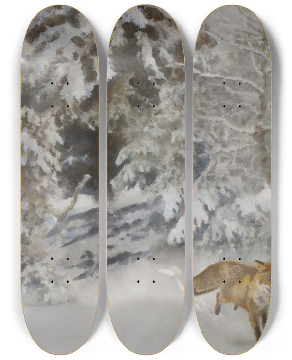 Triptych art skateboard deck of Bruno Liljefors Fox In Winter Landscape by Bruno Liljefors (1860-1939)