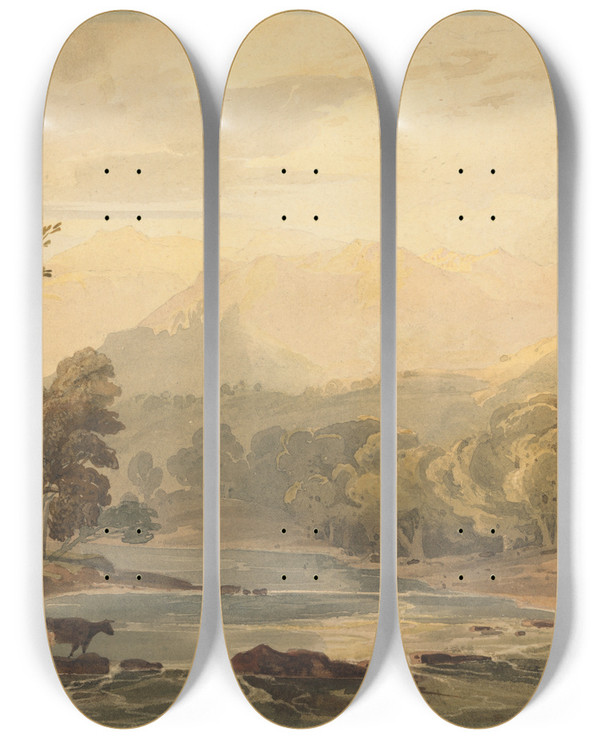 Triptych art skateboard deck of Copley Fielding A View On The Brathay Near Ambleside by Copley Fielding (1787-1855)