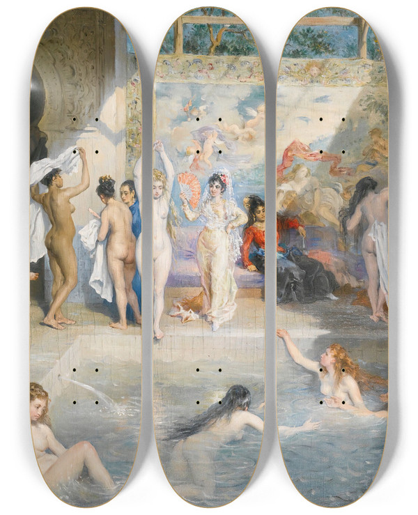 Triptych art skateboard deck of A L Prevost In The Baths by A L Prevost