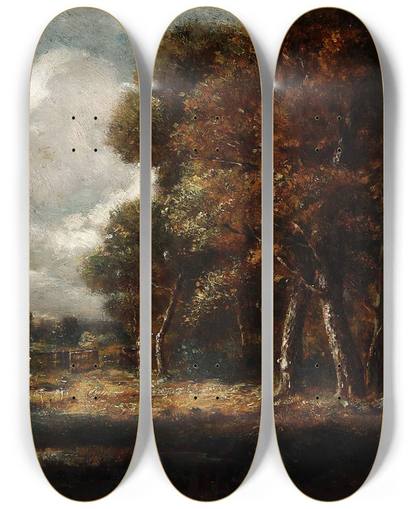 Triptych art skateboard deck of Thodore Rousseau Landscape With Figures by Theodore Rousseau (1812-1867)