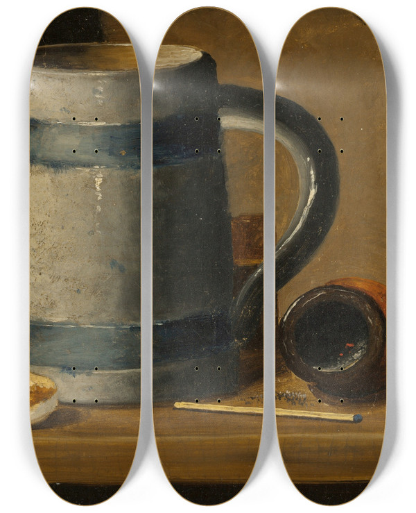 Triptych art skateboard deck of John Frederick Peto Still Life With Mug And Pipe by John Frederick Peto (1854-1907)