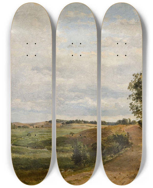 Triptych art skateboard deck of Dankvart Dreyer Road Across The Hills Study by Dankvart Dreyer (1816-1852)