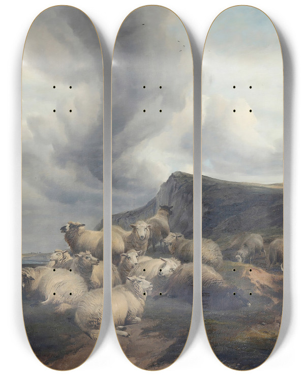 Triptych art skateboard deck of Thomas Sidney Cooper Herds by Thomas Sidney Cooper (1803-1902)