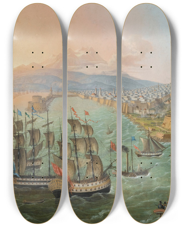 Triptych art skateboard deck of C L Hofmeister Flotilla Beforealgiers by C L Hofmeister (1790-1843)