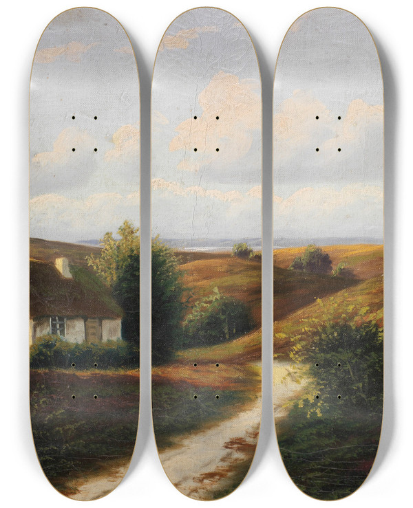 Triptych art skateboard deck of Iosif Evstafevich Krachkovsky Summer Landscape by Iosif Evstafevich Krachkovsky (1854-1914)
