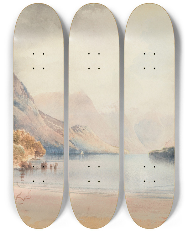 Triptych art skateboard deck of Nicholas Chevalier Middle Fiord Te Anau Lake by Nicholas Chevalier (1828-1902)