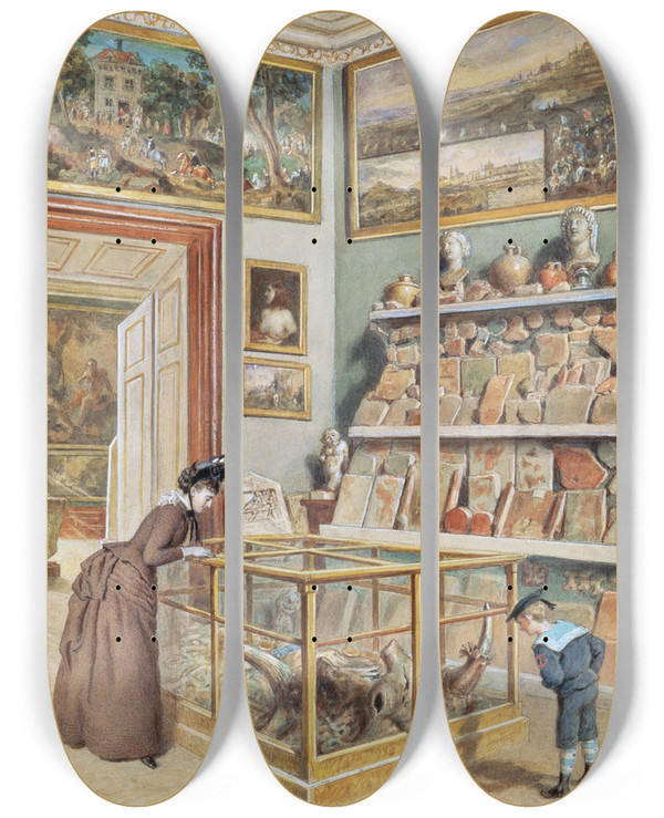 Triptych art skateboard deck of Carl Goebel The Younger Das Apsiszimmer Mit Den Rmischen Ziegeln by Carl Goebel The Younger (1824-1899)