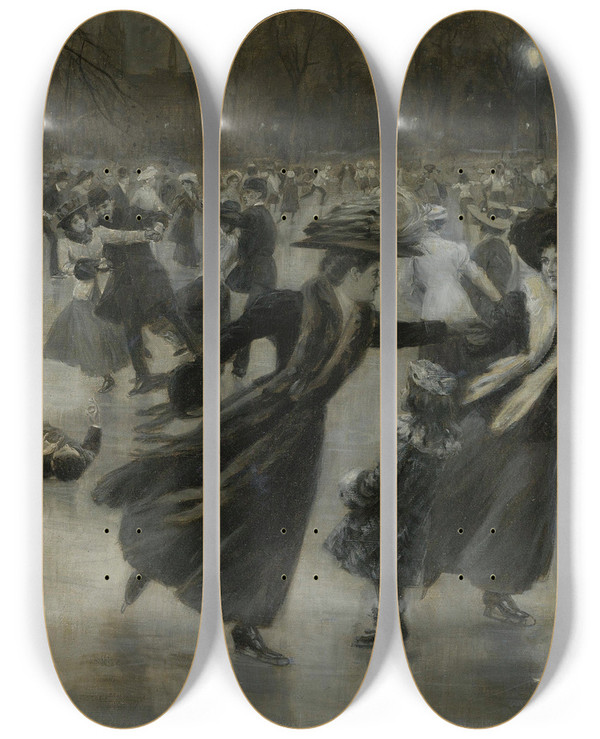 Triptych art skateboard deck of Wilhelm Gause Party On Theice by Wilhelm Gause (1853-1916)
