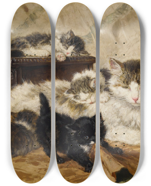 Triptych art skateboard deck of Henritte Ronnerknip A Mother And Her Kittens by Henritte Ronner-Knip (1821-1909)
