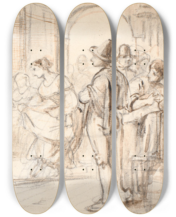 Triptych art skateboard deck of Wilhelm Marstrand Dans I Et Osteri by Wilhelm Marstrand (1810-1873)