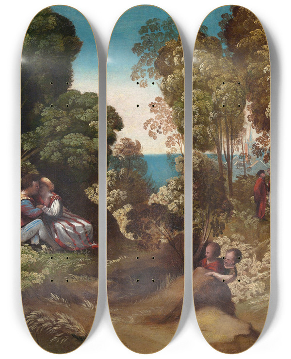 Triptych art skateboard deck of Dosso Dossi The Three Ages Of Humans by Dosso Dossi (1489-1542)