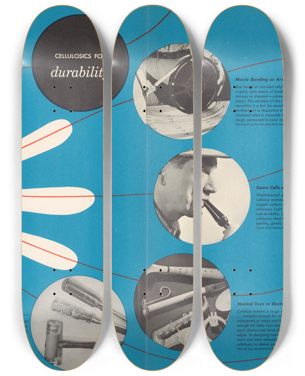 Triptych art skateboard deck of Hercules Incorporated Cellulosics For Durability by Hercules Incorporated (20-)