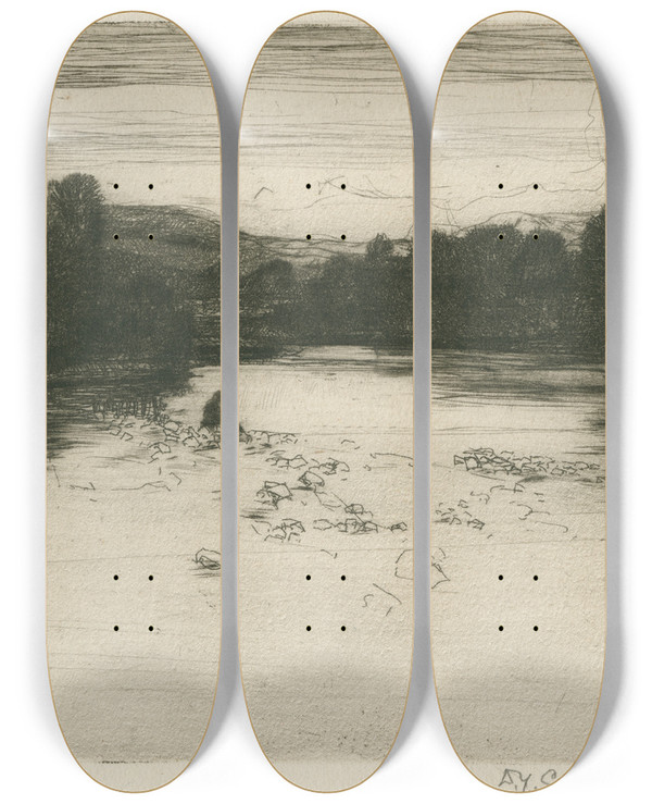 Triptych art skateboard deck of David Young Cameron Evening On The Garry by David Young Cameron (1865-1945)