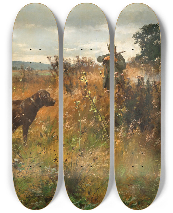 Triptych art skateboard deck of Josef Schmitzberger A Rabbit Hunt by Josef Schmitzberger (1851-1930)