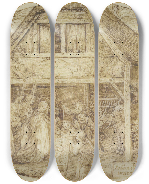 Triptych art skateboard deck of Johan Wierix The Nativity by Johan Wierix