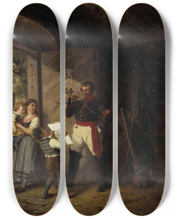 Triptych art skateboard deck of William Hahn Der Hornist by William Hahn (1829-1887)