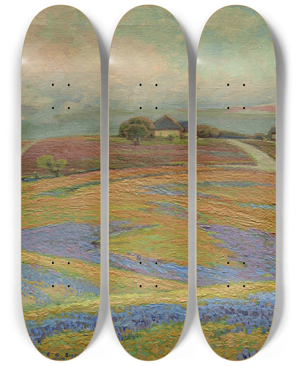 Triptych art skateboard deck of Edward G Eisenlohr Spring Fields At Grand Prairie by Edward G Eisenlohr (1872-1961)