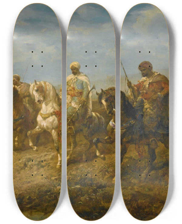 Triptych art skateboard deck of Adolf Schreyer Advancing Cavalrymen by Adolf Schreyer (1828-1899)