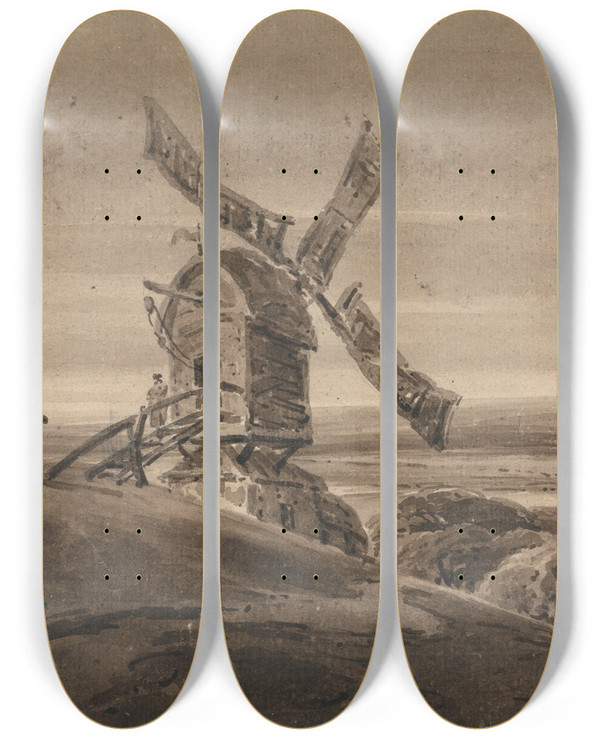 Triptych art skateboard deck of Franois Louis Thomas Francia Landscape With A Windmill by Francois Louis Thomas Francia (1772-1839)