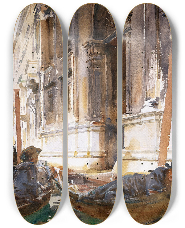 Triptych art skateboard deck of John Singer Sargent Gondoliers Siesta by John Singer Sargent (1856-1925)