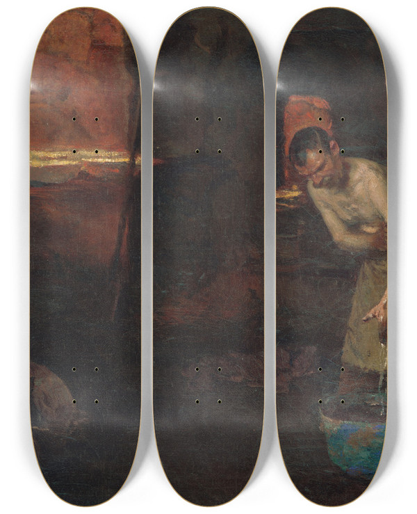 Triptych art skateboard deck of Dominik Skuteck After Work I by Dominik Skutecky (1849-1921)