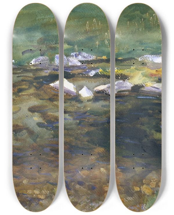 Triptych art skateboard deck of John Singer Sargent Brook And Meadow by John Singer Sargent (1856-1925)
