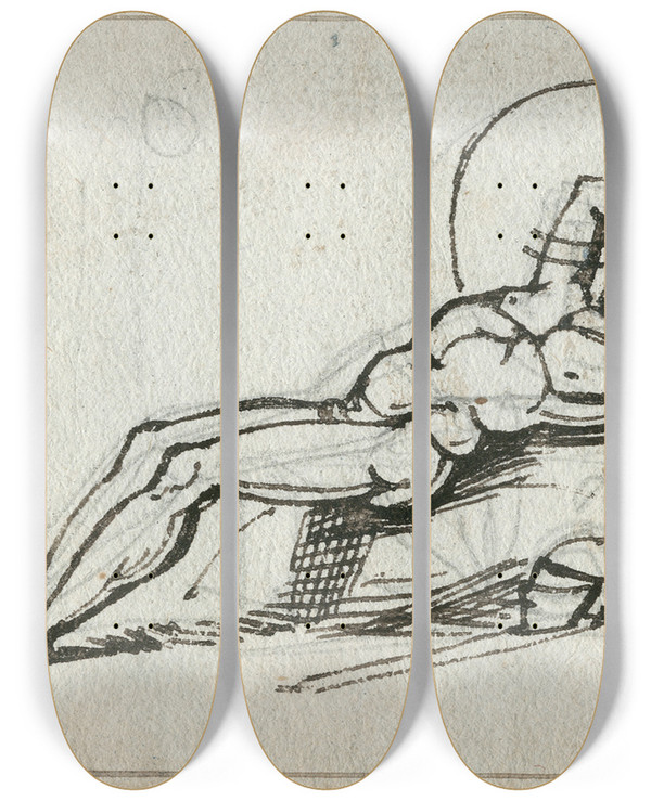 Triptych art skateboard deck of David Humbert De Superville Achteroverliggende Rustende Krijger Met Wapenrusting by David Humbert De Superville (1770-1849)