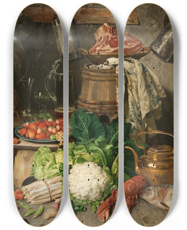 Triptych art skateboard deck of August Jernberg Still Life by August Jernberg (1826-1896)