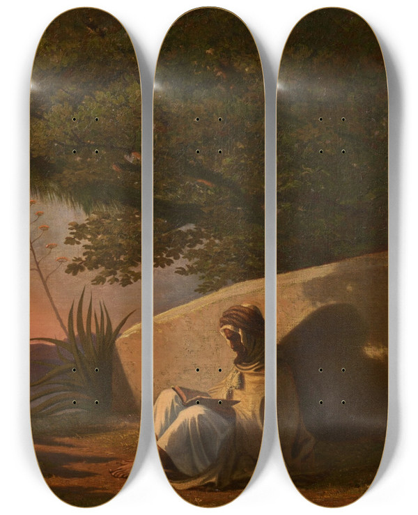 Triptych art skateboard deck of Charles Thodore Frre Reading The Koran by Charles Theodore Frere (1814-1888)