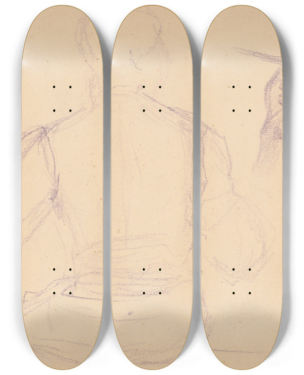 Triptych art skateboard deck of Gustv Mall Seated From The Back by Gustav Mally (1879-1952)