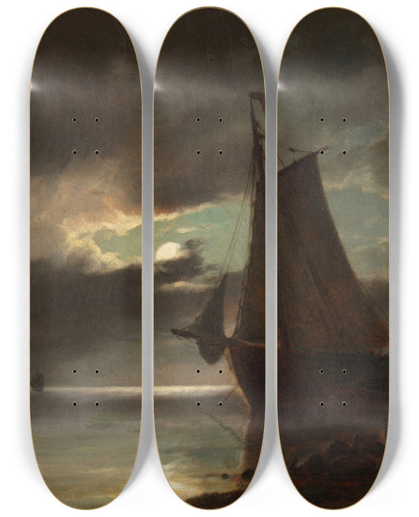Triptych art skateboard deck of Carl Bille Mondschein An Der Kste by Carl Bille (1815-1898)