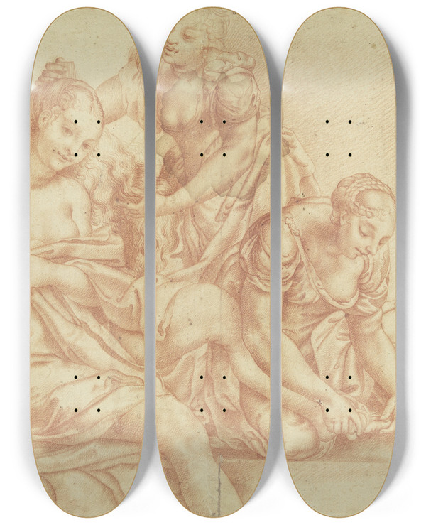 Triptych art skateboard deck of Bernhard Von Neher The Elder Bathseba Bathing by Bernhard von Neher the elder (1743-1801)