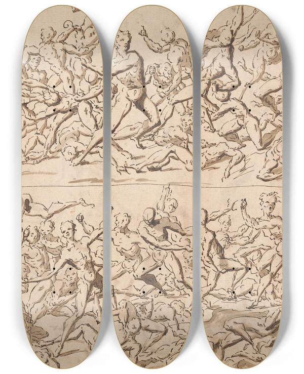 Triptych art skateboard deck of Thomas Carwitham Figure Studies by Thomas Carwitham
