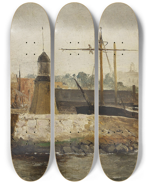Triptych art skateboard deck of Carl Frederik Srensen Malm Havn Grvejr by Carl Frederik Sorensen (1818-1879)