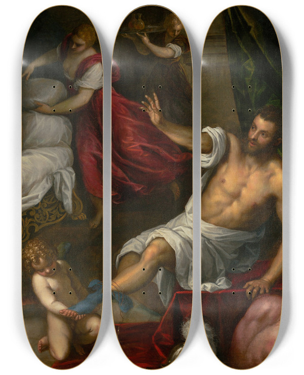 Triptych art skateboard deck of Jacopo Palma Il Giovane Venus And Mars by Jacopo Palma Il Giovane (1548-1628)