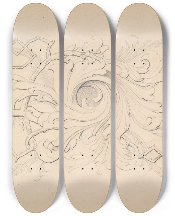 Triptych art skateboard deck of Robert William Hume Designs For Borders And Corners Acanthus_2 by Robert William Hume (1816-1904)