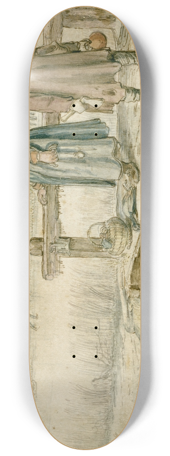 Hendrick Avercamp - Winter Landscape with a Woman and a Youth on a Small Bridge, Skaters and a Gallows in the Distance 8.25 inch art skate deck