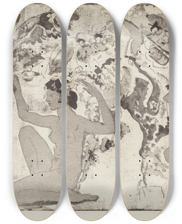 Triptych art skateboard deck of Arthur Bowen Davies Angled Beauty by Arthur Bowen Davies (1862-1928)