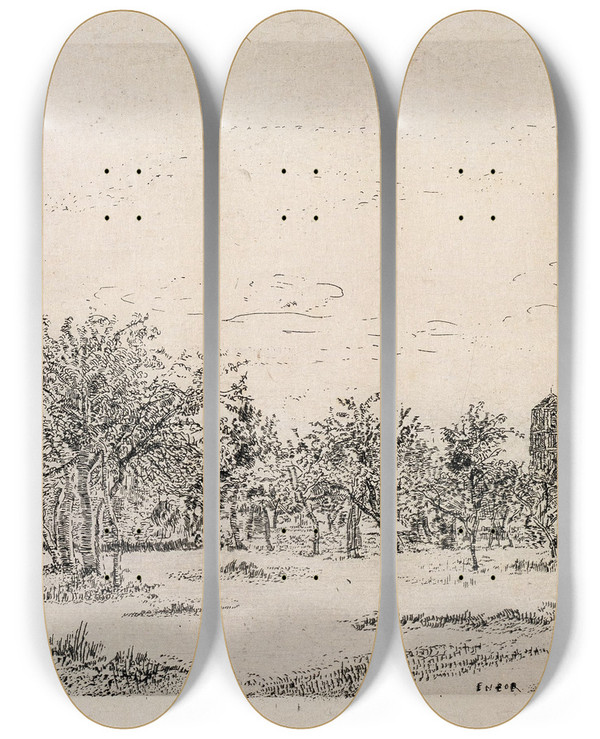 Triptych art skateboard deck of James Ensor The Orchard_1 by James Ensor (1860-1949)