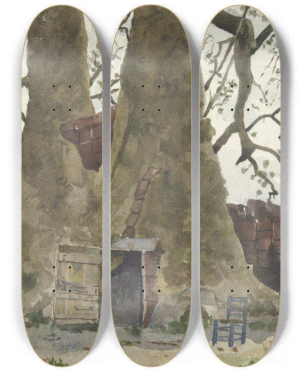 Triptych art skateboard deck of Fritz Hauck Zwei Araber Vor Einem Riesenbaum Der Als Wohnung Genutzt Wird by Fritz Hauck (1852-1909)