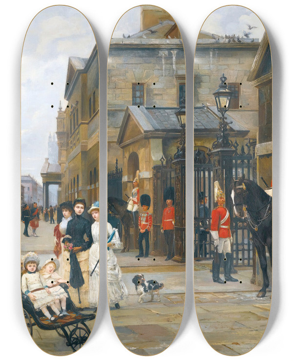 Triptych art skateboard deck of Filippo Baratti Horse Guards Whitehall by Filippo Baratti (1849-1936)