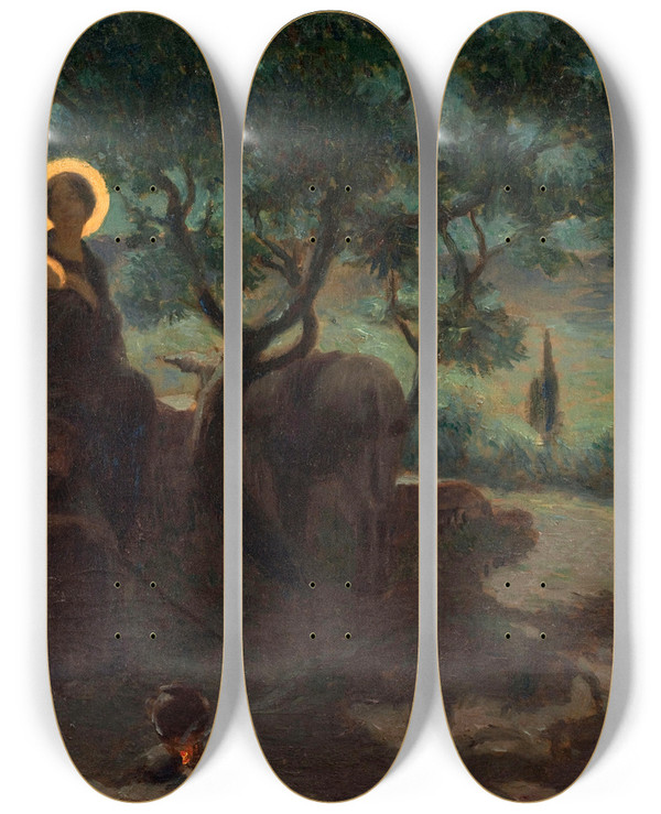 Triptych art skateboard deck of Edmond Tapissier La Fuite En Egypte by Edmond Tapissier (1861-1943)