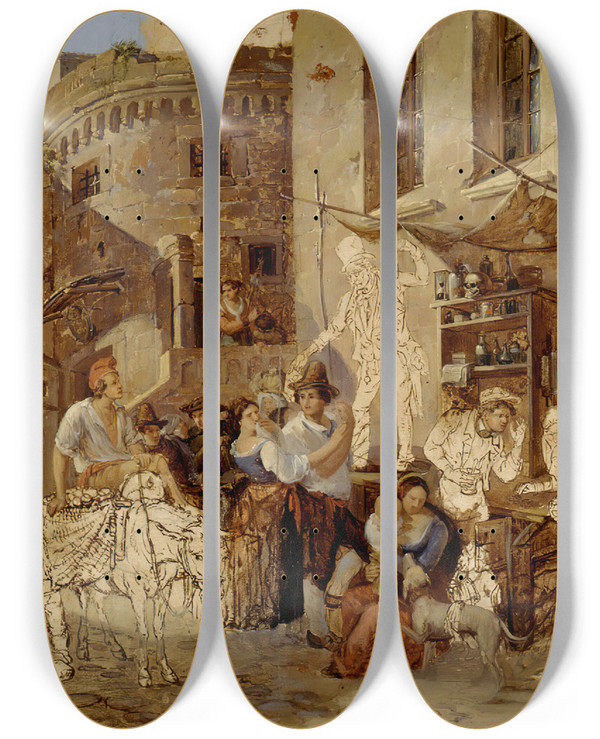 Triptych art skateboard deck of Alexander Laurus Street View In Rome by Alexander Laureus (1783-1823)
