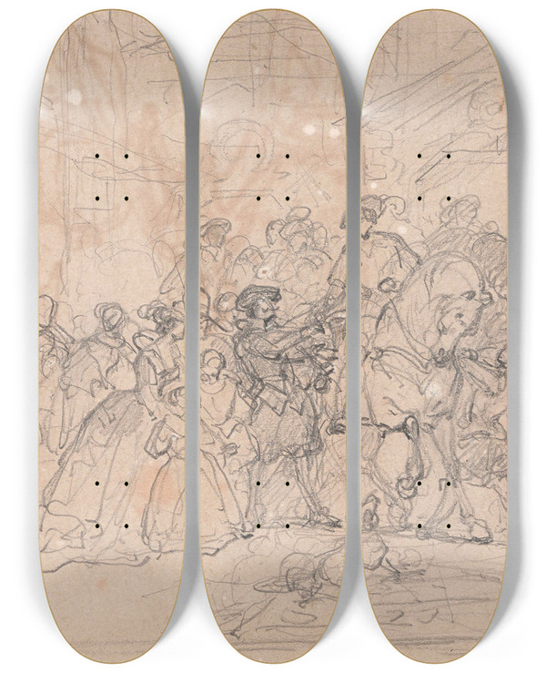 Triptych art skateboard deck of Nicaise De Keyser Anthony Van Dycks Departure For Italy by Nicaise De Keyser (1813-1887)