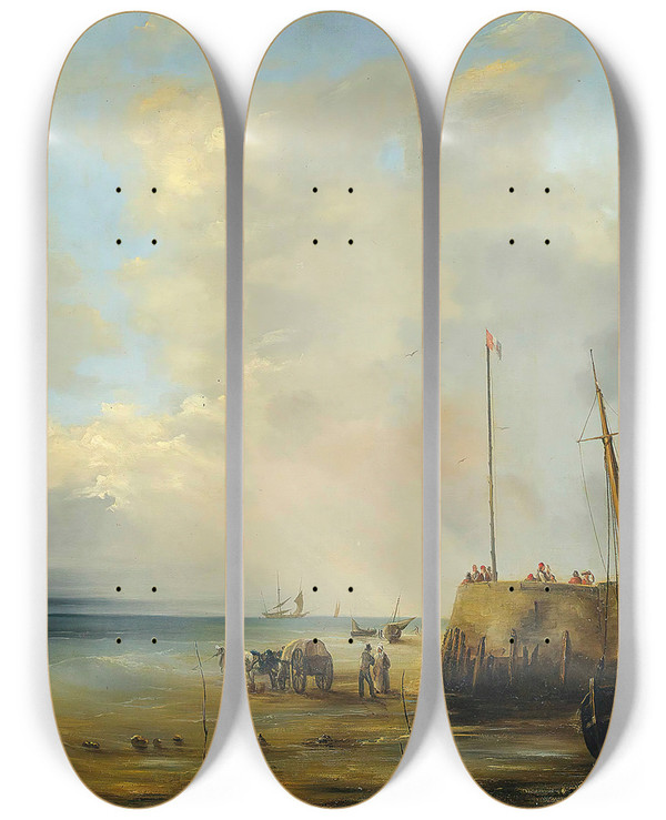 Triptych art skateboard deck of Thodore Gudin Fishermen At The Harbour Wall Low Tide by Theodore Gudin (1802-1880)